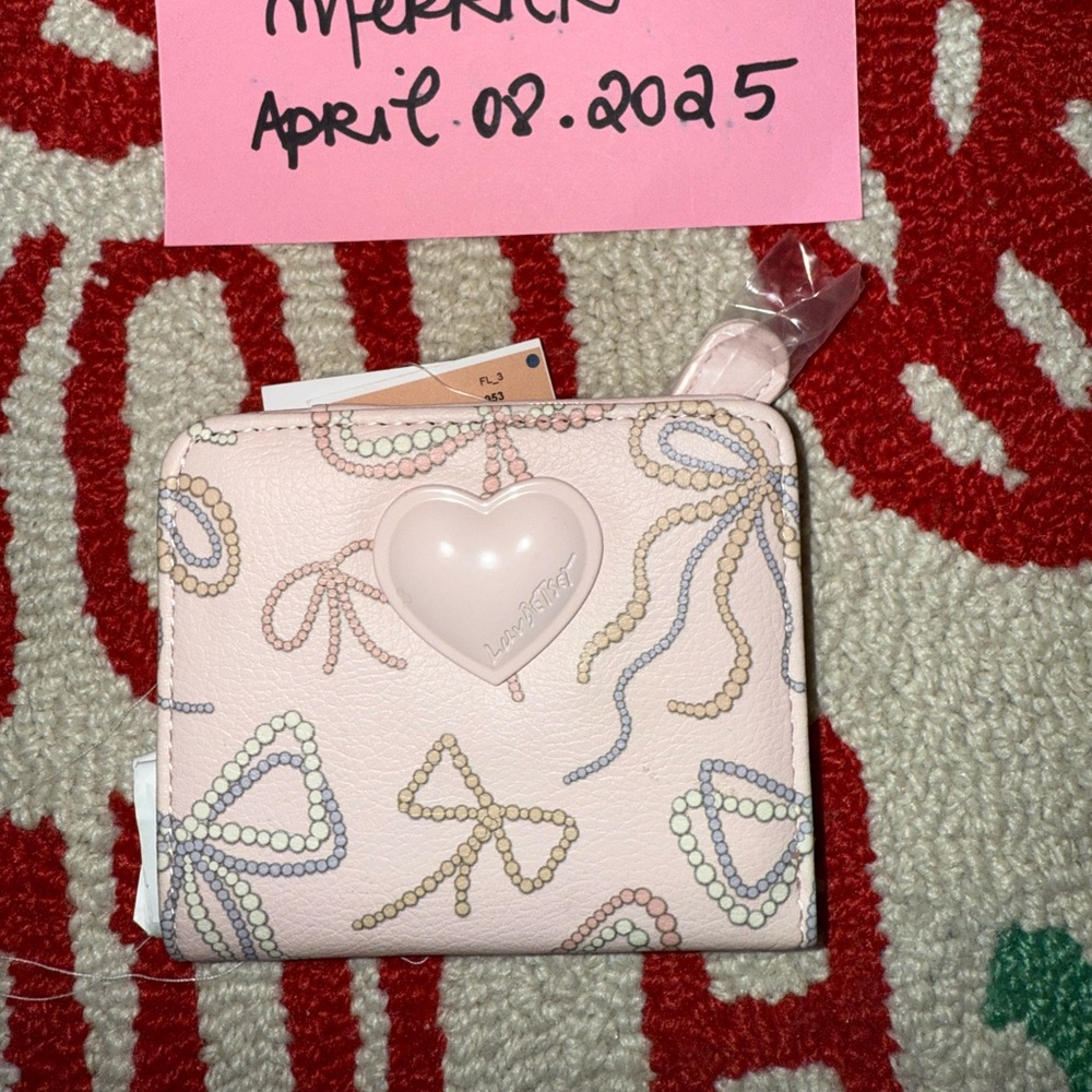 Pink Bow Pattern Wallet with Heart Detail